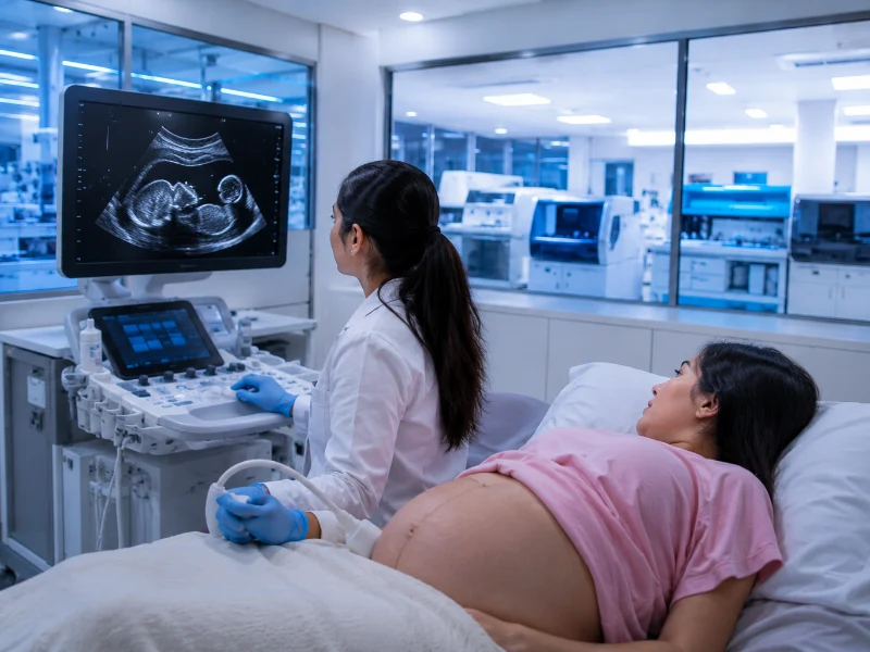 Advanced high-resolution pregnancy ultrasound system performing a high-precision fetal weight estimation scan to calculate fetal growth percentiles